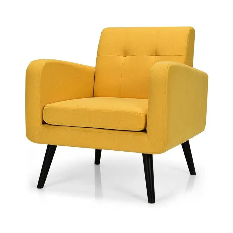 Mid-Century Modern Yellow Linen Upholstered Accent Chair with Wooden Legs - Living Room > Accent Chairs