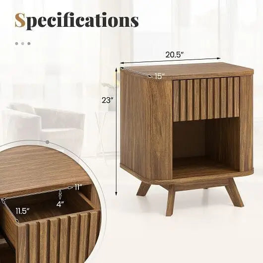 Mid-century Wood Nightstand with Drawer and Open Shelf-Walnut - Color:Walnut - Nightstands
