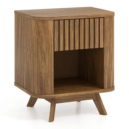 Mid-century Wood Nightstand with Drawer and Open Shelf-Walnut - Color:Walnut - Nightstands