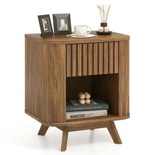 Mid-century Wood Nightstand with Drawer and Open Shelf-Walnut - Color:Walnut - Nightstands