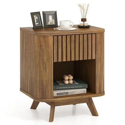 Mid-century Wood Nightstand with Drawer and Open Shelf-Walnut - Color:Walnut - Nightstands