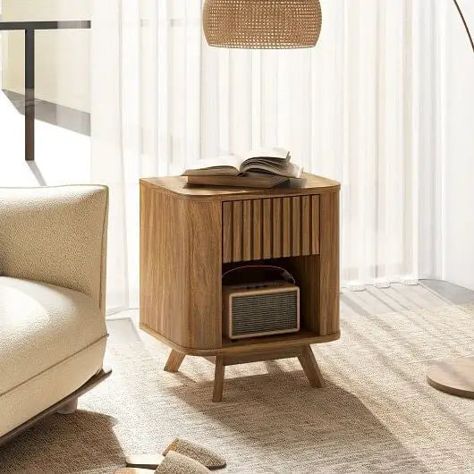 Mid-century Wood Nightstand with Drawer and Open Shelf-Walnut - Color:Walnut - Nightstands