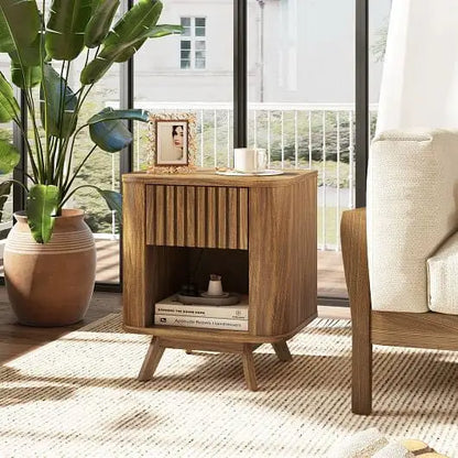 Mid-century Wood Nightstand with Drawer and Open Shelf-Walnut - Color:Walnut - Nightstands