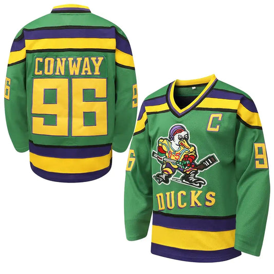 Green Mighty Ducks hockey jersey featuring Charlie Conway and Adam Banks for men and women