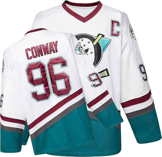 White Mighty Ducks ice hockey jersey featuring stitched letters and numbers from the movie ice hockey series