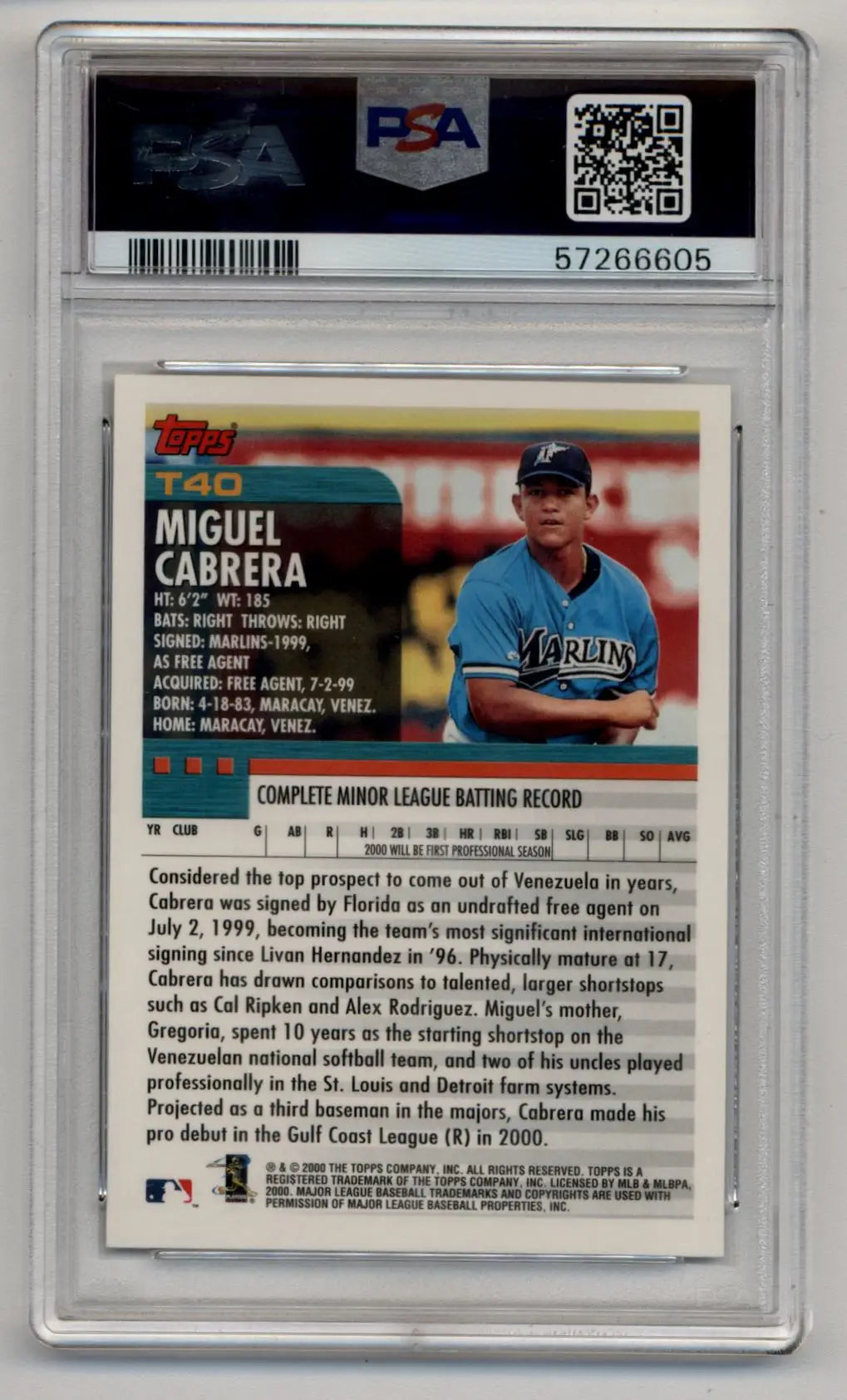 Graded 2000 Topps Traded Miguel Cabrera rookie card T40 PSA 10 Gem Mint