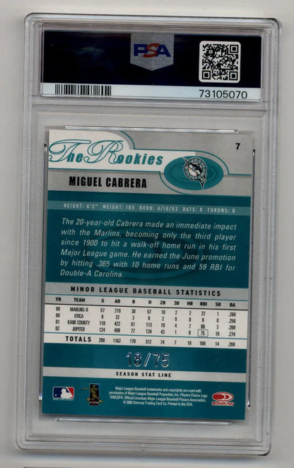 PSA-graded Miguel Cabrera Donruss Rookies season stat line card back with statistics