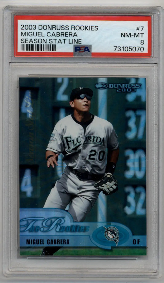 2003 Donruss Rookies Miguel Cabrera baseball card with season stat line graded PSA 8