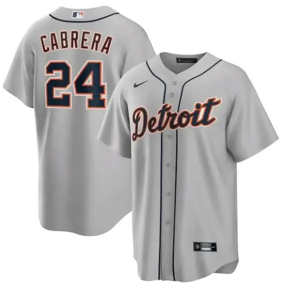 Gray Detroit Tigers baseball jersey featuring Miguel Cabrera Nike Road Replica design
