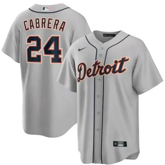Gray Detroit Tigers baseball jersey featuring Miguel Cabrera Nike Road Replica design
