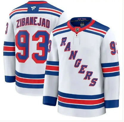 White New York Rangers hockey jersey with blue and red stripes and RANGERS across front