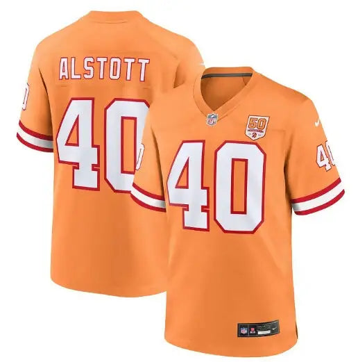 Orange NFL football jersey with white numbers and name, Mike Alstott Tampa Bay Buccaneers Nike Creamsicle jersey