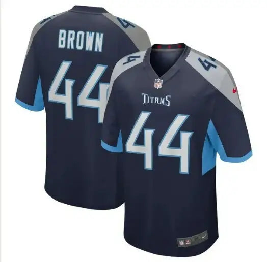 Navy blue Tennessee Titans Nike Game Jersey with BROWN and 44 on back and TITANS on front