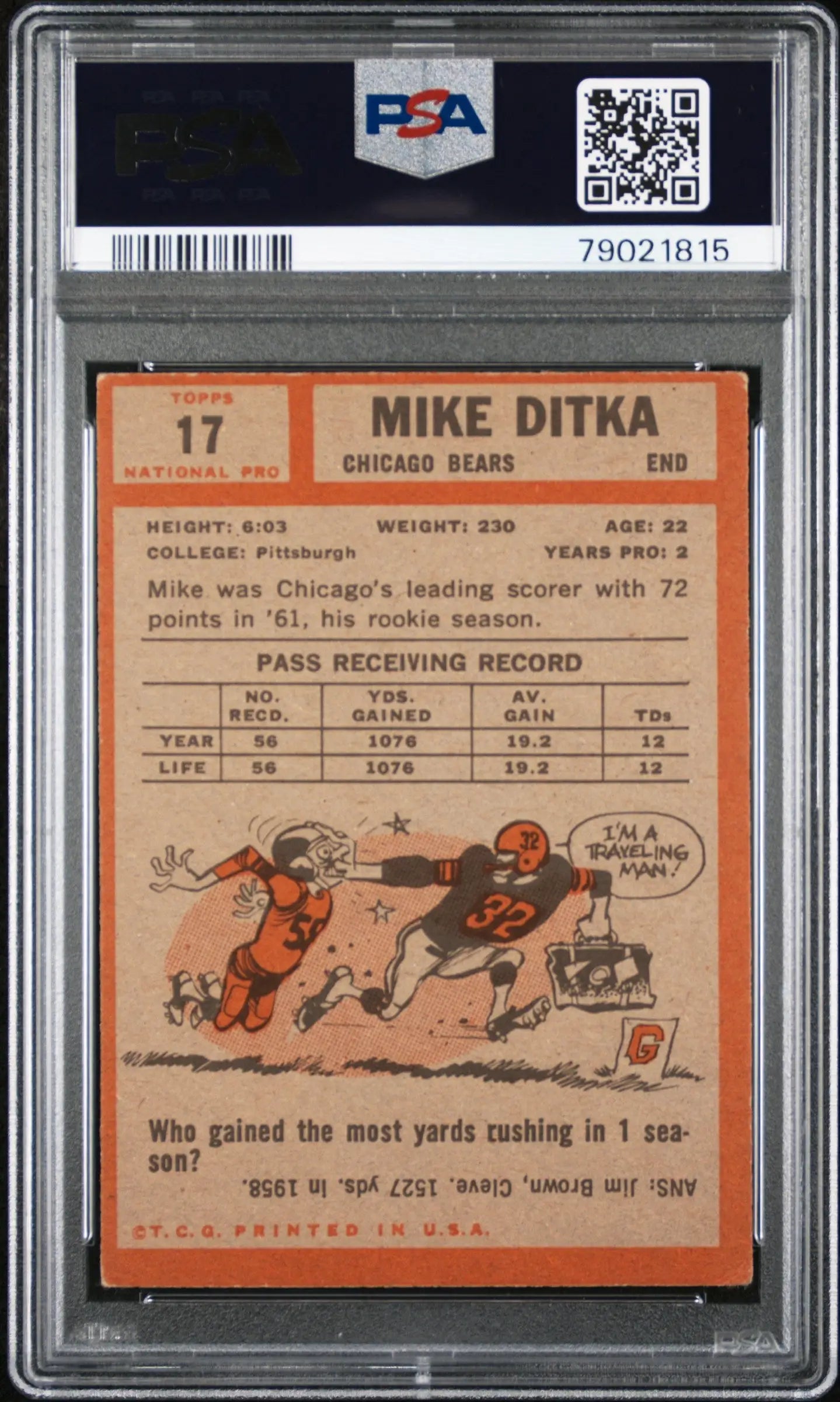PSA-graded vintage 1961 Topps football card #17 Mike Ditka in protective holder