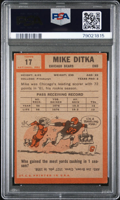 PSA-graded vintage 1961 Topps football card #17 Mike Ditka in protective holder