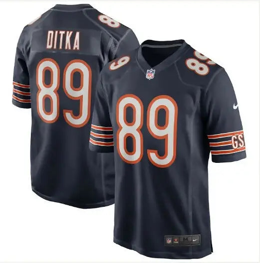 Dark blue Chicago Bears Mike Ditka #89 Nike retired player football jersey with orange and white accents