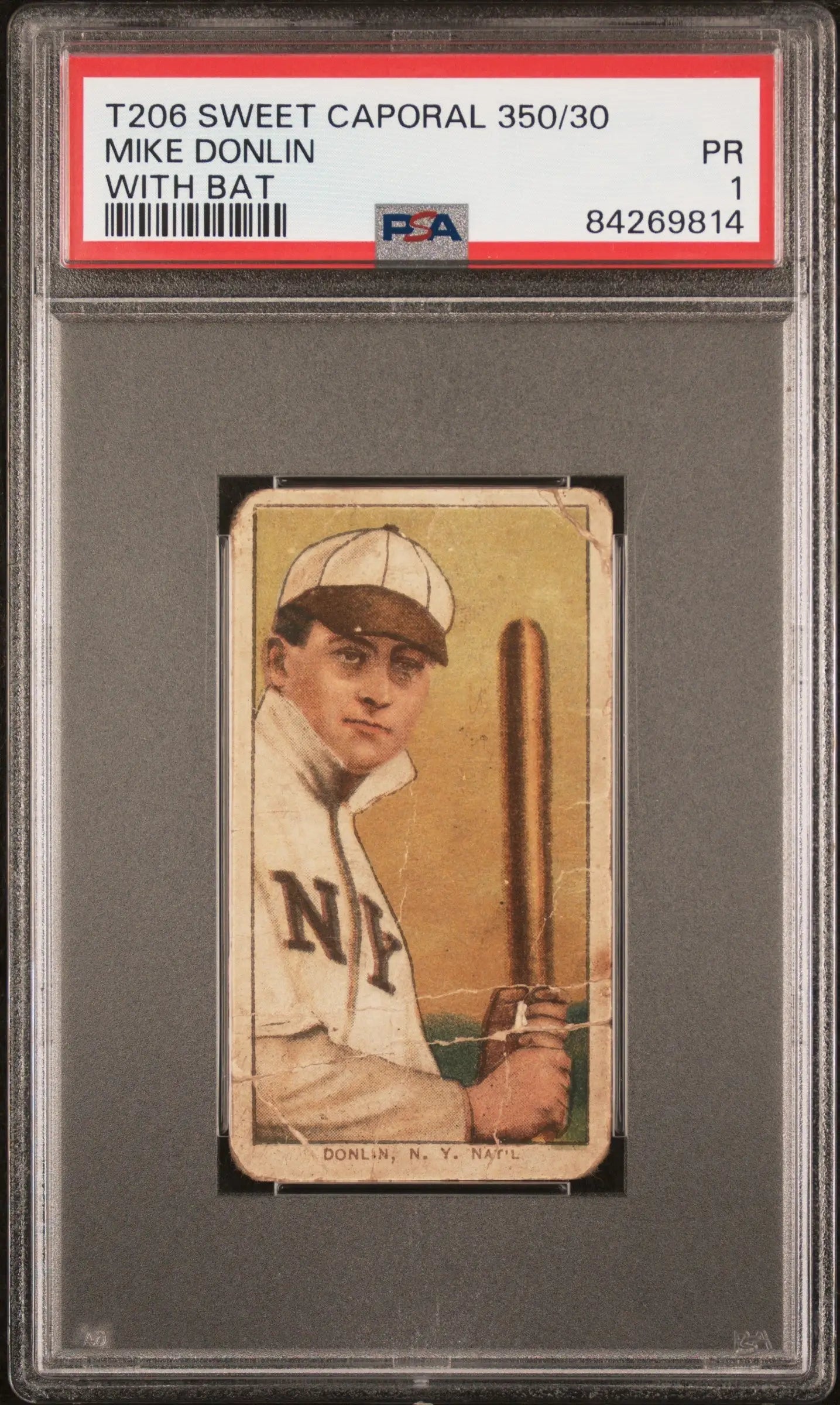 Mike Donlin 1909-11 T206 Sweet Caporal baseball card with bat in New York uniform