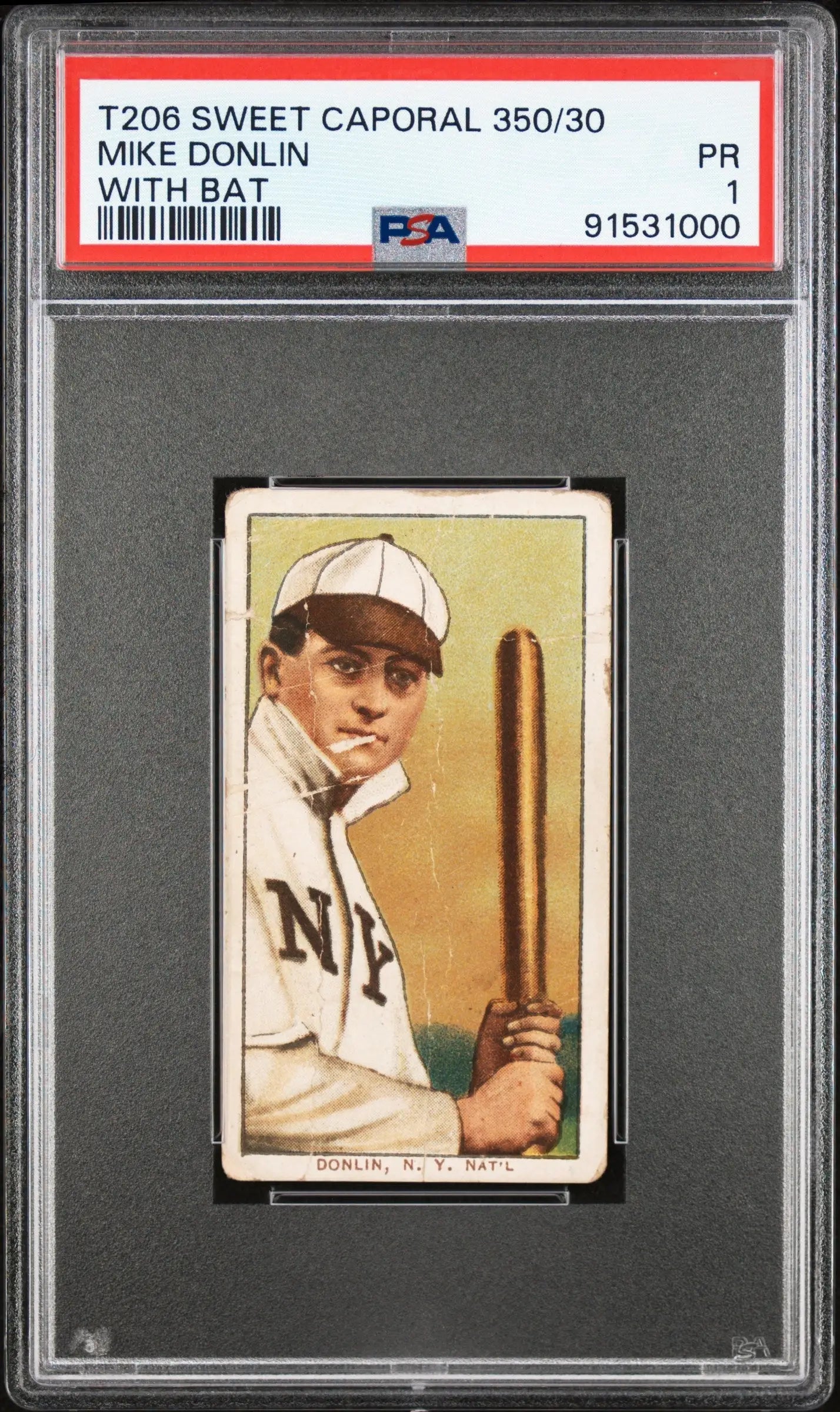 PSA-graded T206 Sweet Caporal baseball card of Mike Donlin in New York uniform