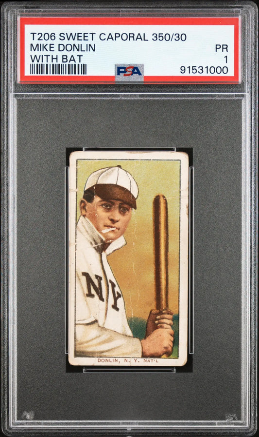 PSA-graded T206 Sweet Caporal baseball card of Mike Donlin in New York uniform
