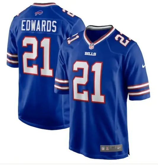 Blue Mike Edwards Buffalo Bills Nike Game Jersey with number 21 on display