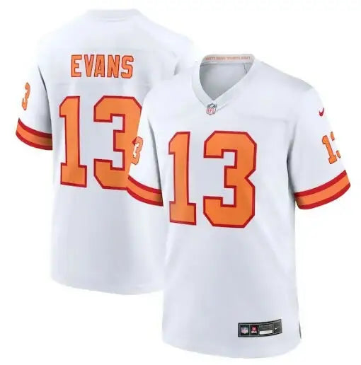 White Mike Evans Tampa Bay Buccaneers Nike Game Jersey with orange numbers and lettering