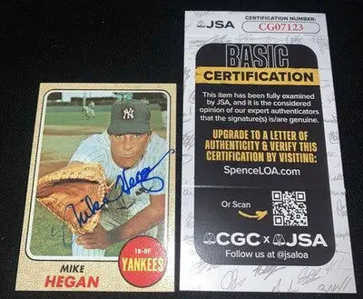 Signed Mike Hegan baseball card with JSA certification featuring NY Yankees autograph