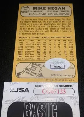 Mike Hegan signed 1968 Topps baseball card featuring NY Yankees autograph collectible