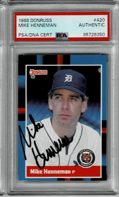 PSA-graded 1988 Donruss Mike Henneman Detroit Tigers baseball card with autograph