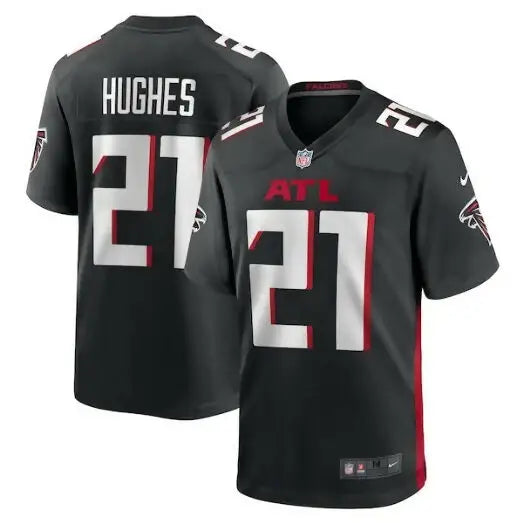 Black Mike Hughes Atlanta Falcons Nike Game Player Jersey displayed on a product page