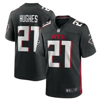 Black Mike Hughes Atlanta Falcons Nike Game Player Jersey displayed on a product page