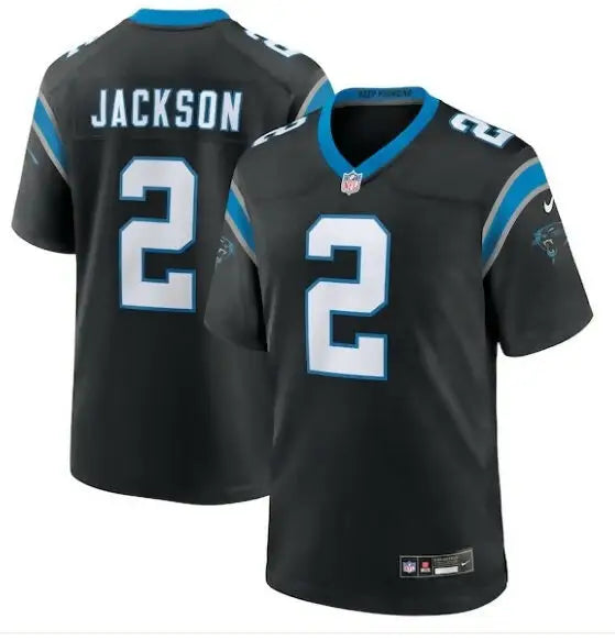 Black NFL Carolina Panthers Mike Jackson jersey with light blue and white accents