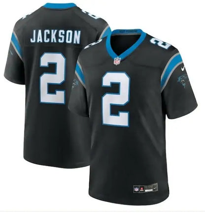 Black NFL Carolina Panthers Mike Jackson jersey with light blue and white accents