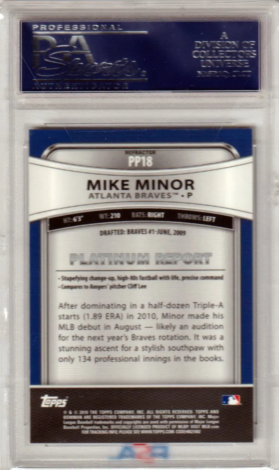 Graded Mike Minor 2010 Bowman Platinum Purple Refractor PSA 10 baseball card from Columbia Hobby