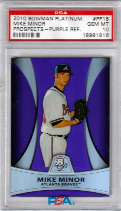 Graded Mike Minor 2010 Bowman Platinum Purple Refractor PSA 10 baseball card from Columbia Hobby