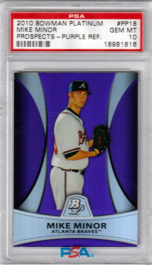 Graded Mike Minor 2010 Bowman Platinum Purple Refractor PSA 10 baseball card from Columbia Hobby
