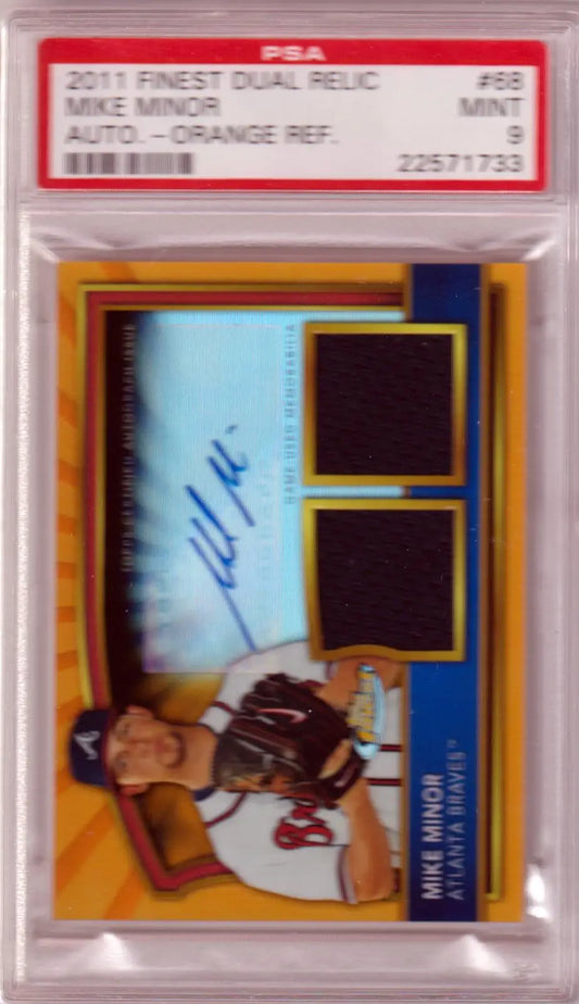 Graded Mike Minor 2011 Topps Finest Relic Autograph Orange Refractor PSA 9