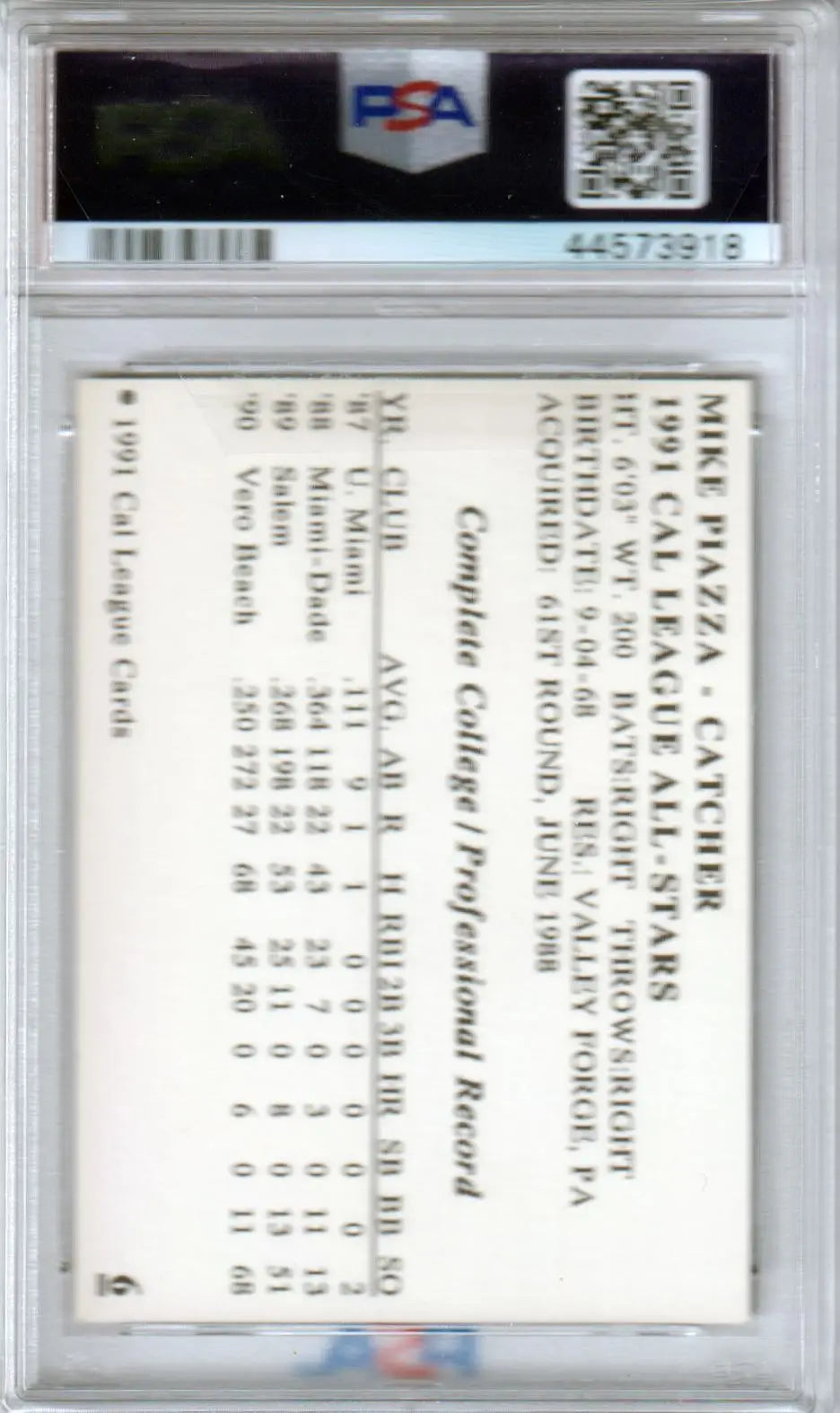 Graded Mike Piazza Cal League All-Stars rookie baseball card from Columbia Hobby