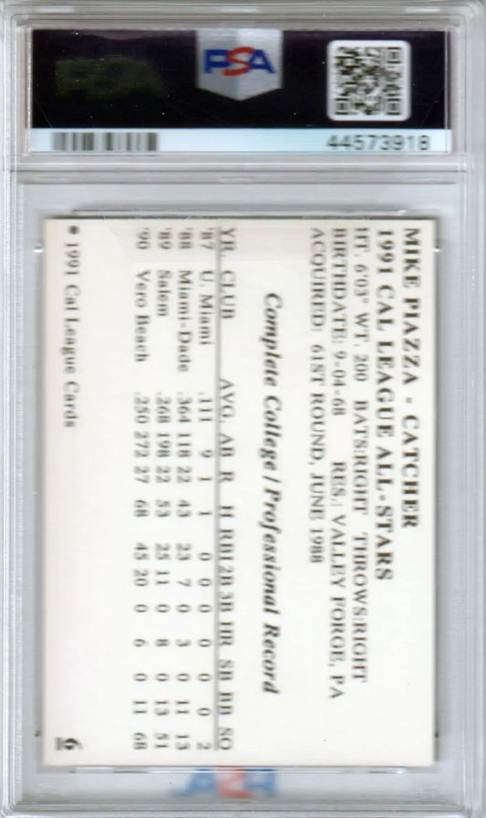 Graded Mike Piazza Cal League All-Stars rookie baseball card from Columbia Hobby