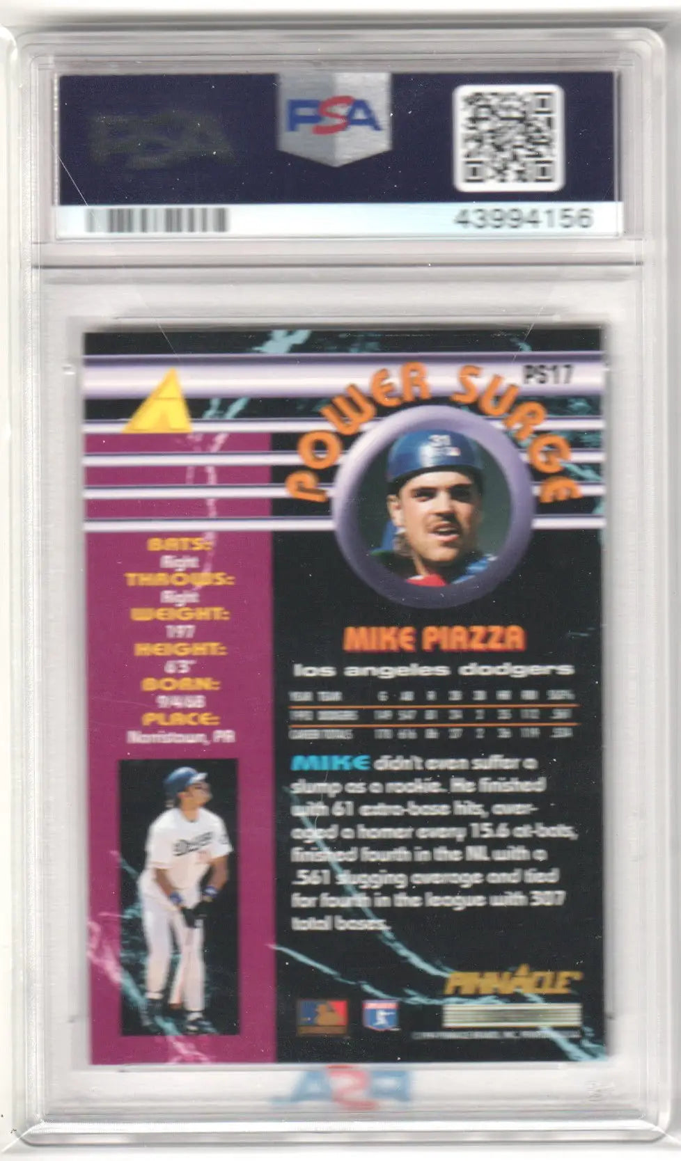 Encased Mike Piazza 1994 Pinnacle Power Surge baseball card from Columbia Hobby in mint PSA 9 condition