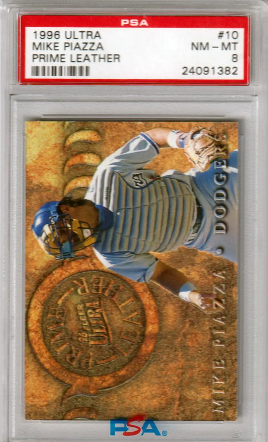 Graded Mike Piazza baseball card from Fleer Ultra Prime Leather series in PSA 8 NM-MT