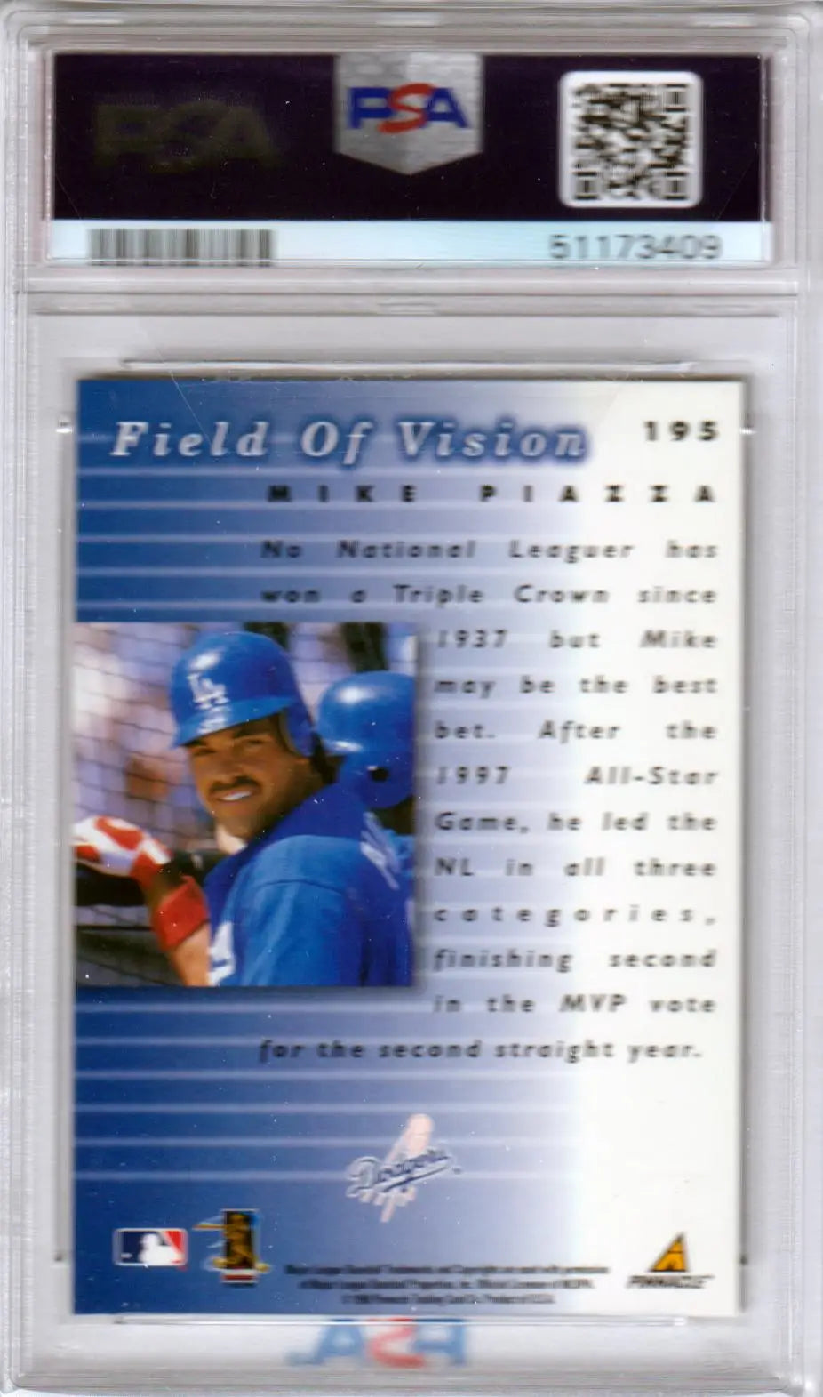Graded Mike Piazza baseball card from Columbia Hobby, 1998 Pinnacle Plus PSA 9 Mint