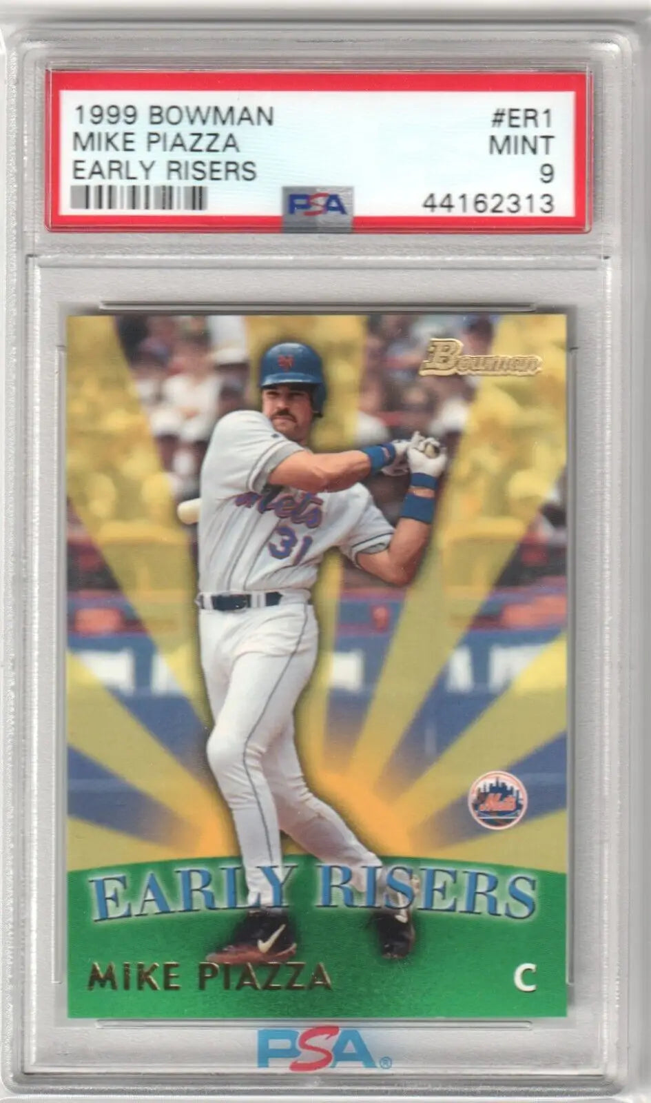 Graded Mike Piazza baseball card from 1999 Bowman Early Risers series by Columbia Hobby with box free shipping