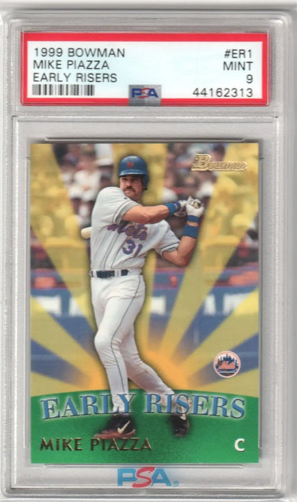 Graded Mike Piazza baseball card from 1999 Bowman Early Risers series by Columbia Hobby with box free shipping