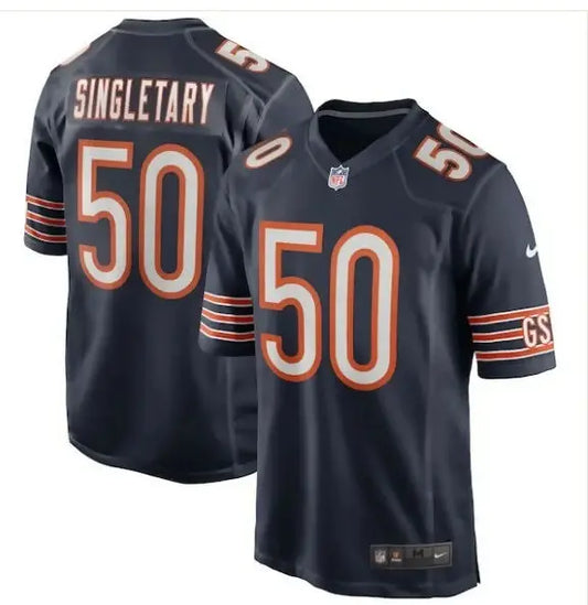 Dark blue NFL Mike Singletary Chicago Bears jersey with orange and white number 50