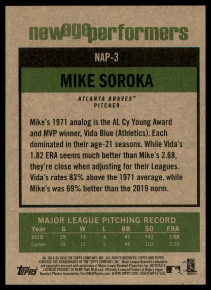 Mike Soroka baseball card from 2020 Topps Heritage New Age Performers series