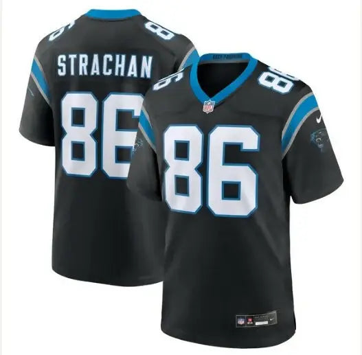 Black Mike Strachan Carolina Panthers Nike Game Jersey with blue and white accents and number 86