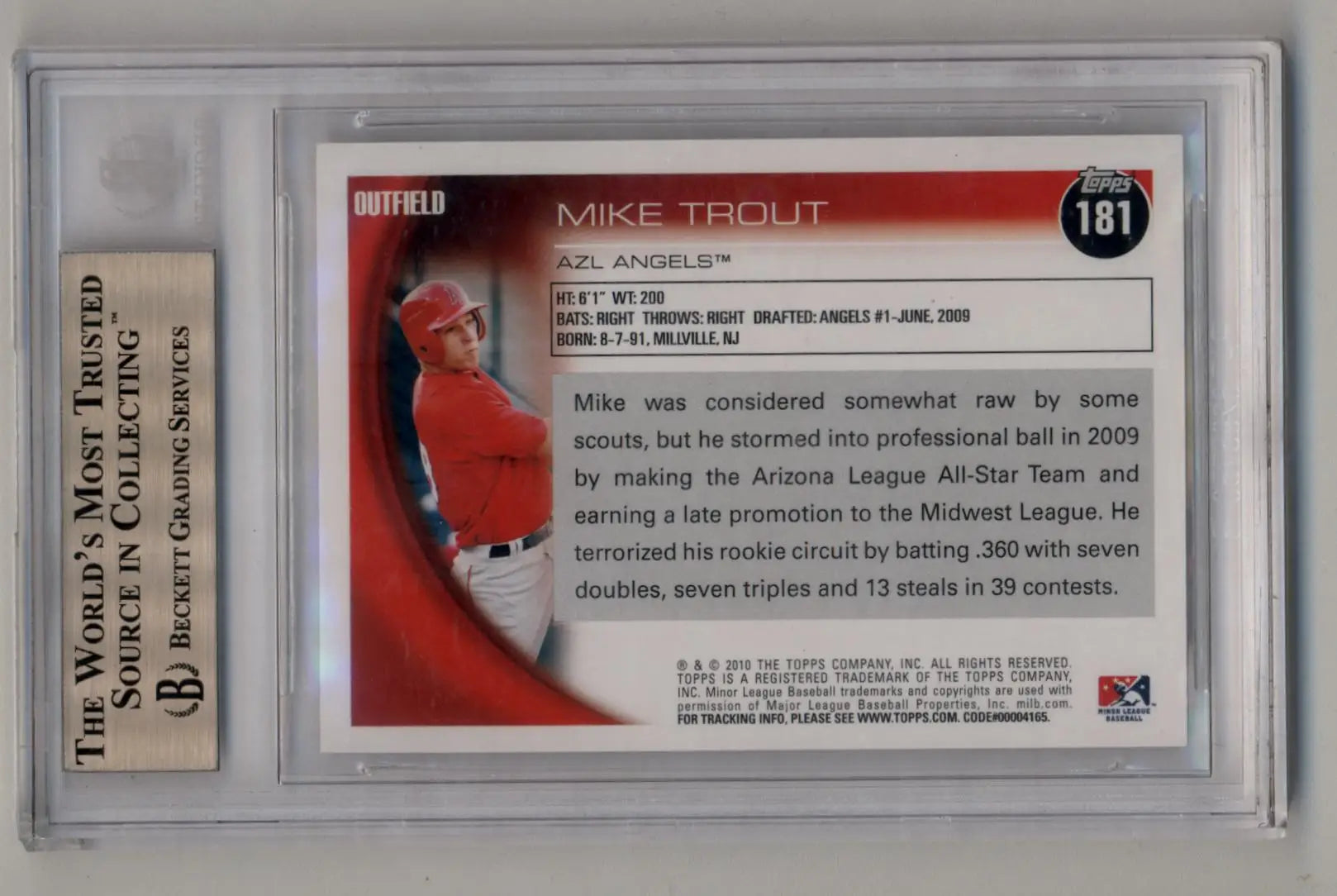 Mike Trout 2010 Topps Pro Debut card in protective case with BGS 9.5 grading label