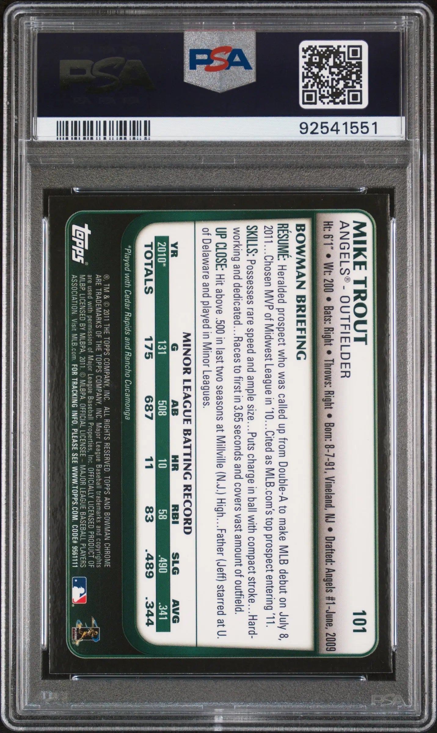 Graded Mike Trout Bowman Chrome baseball card from 2011 PSA 9 Mint edition