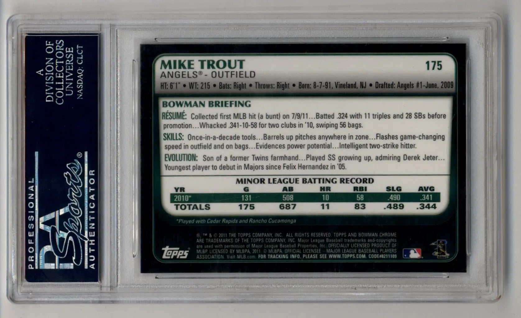 Graded Mike Trout Bowman Chrome baseball card PSA 9 Mint from 2011 Bowman Chrome