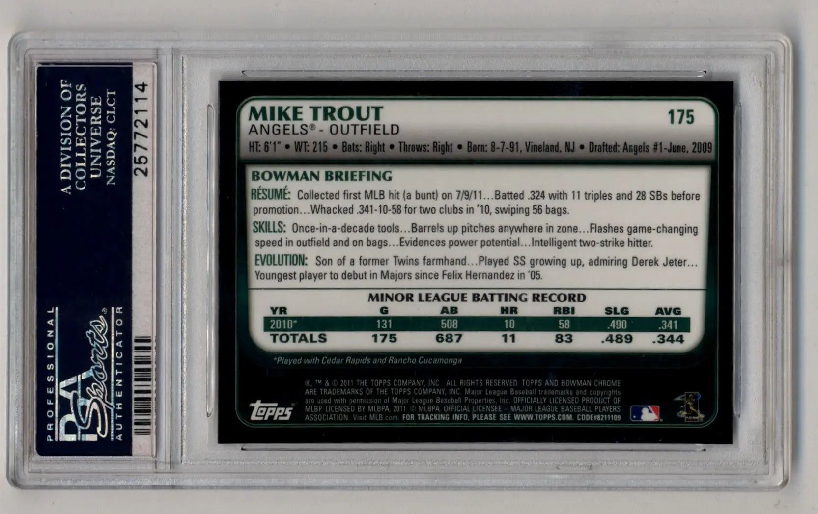 Encapsulated Mike Trout Bowman Chrome 2011 trading card in PSA 9 Mint condition